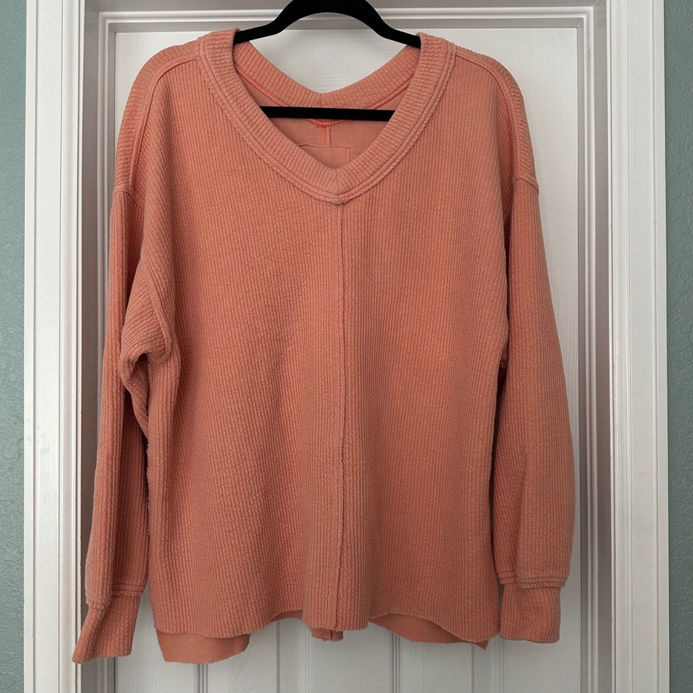 Aerie Wonder Textured V-Neck‎ Sweatshirt Oversized Loungewear Peach Size Small